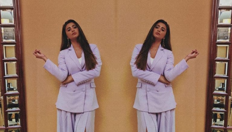  Daisy Shah spotted in Dubai in an Ohaila Khan bespoke pantsuit